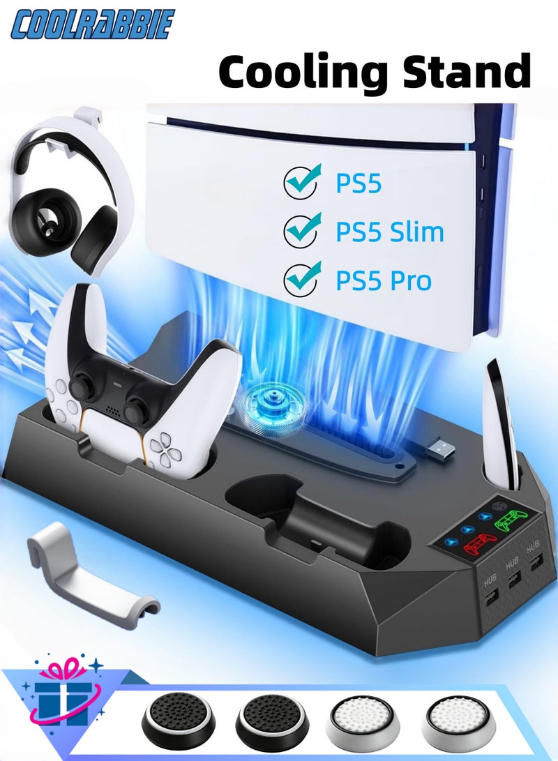 كول رابي حامل تبريد عمودي لجهاز PS5/PS5 Slim/PS5 Pro، قاعدة تبريد مع محطة شحن مزدوجة لوحدات التحكم لجهاز بلايستيشن 5، ملحقات PS5 تتضمن شاحن وحدات التحكم، مروحة تبريد، حامل سماعة رأس، موزع USB بثلاثة منافذ، لون أسود. - Image 1